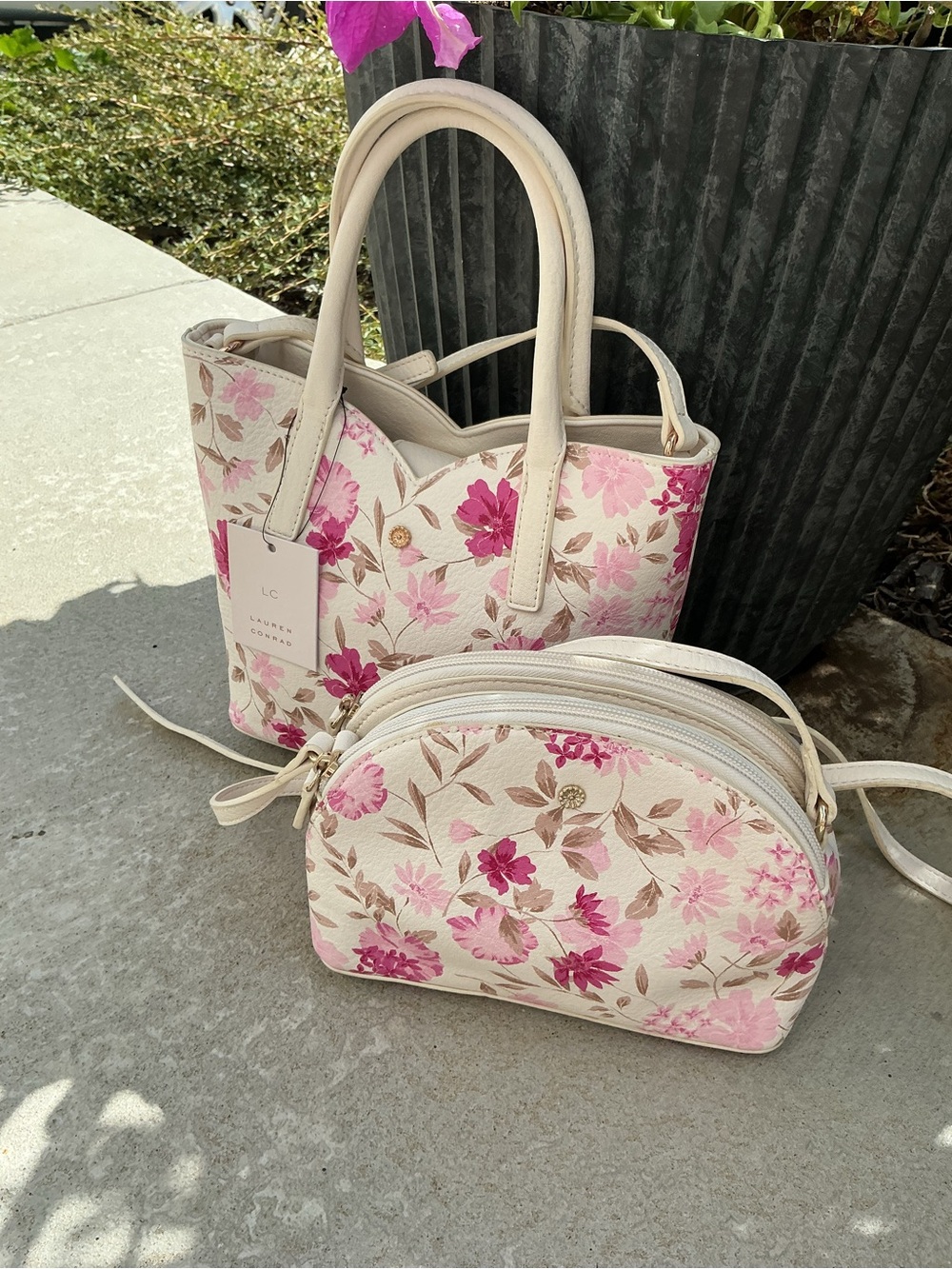 2-pc Pink Floral Tote and Crossbody Set